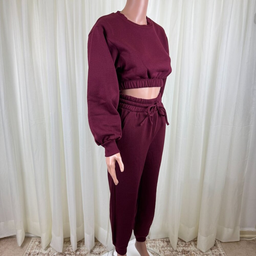 Zenana 2 Pcs Crop Sweatshirt Tracksuit High Waist Jogger Set Active Burgundy - Picture 5 of 10